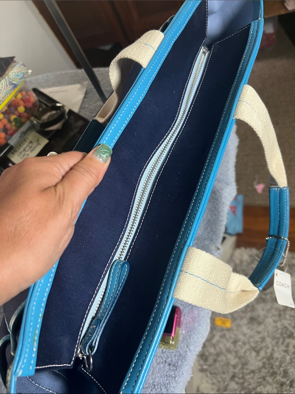 Coach garden tote Navy Tote with Bright Blue Trim and White Handles - Coach - Picture 3 of 5